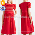 Embroidered Shirred Short Sleeve Red Cotton Midi Summer Dress Manufacture Wholesale Fashion Women Apparel (TA0257D)